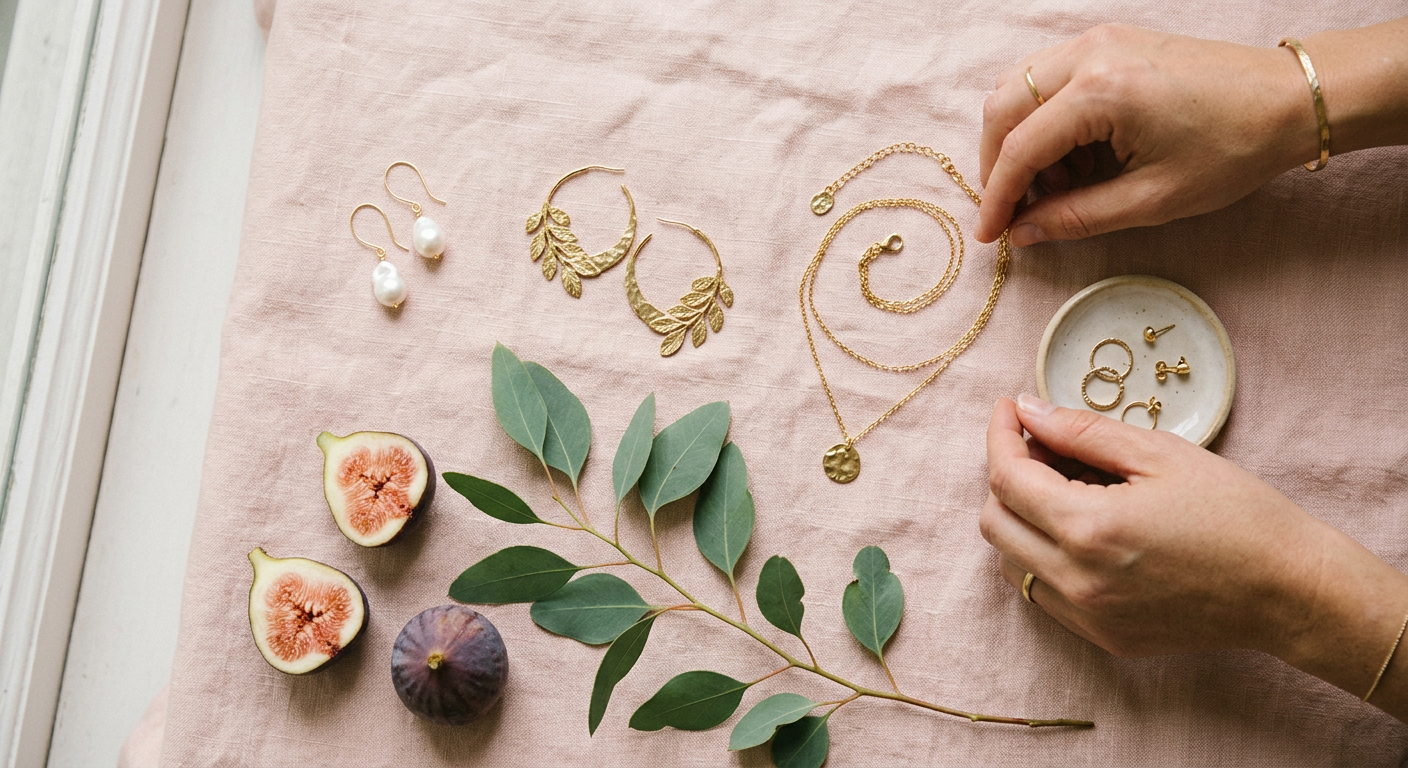 Gold earrings and necklaces arranged on pink linen beside fresh figs and leaves